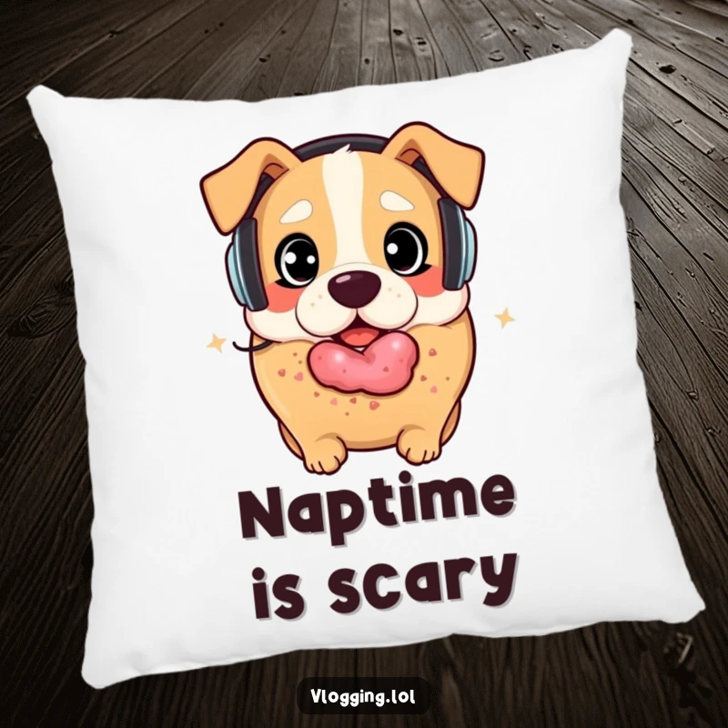 Funny bagel dog pillow: A bagel wearing headphones looks shocked as a playful dog prepares to take a bite. Great funny gift.