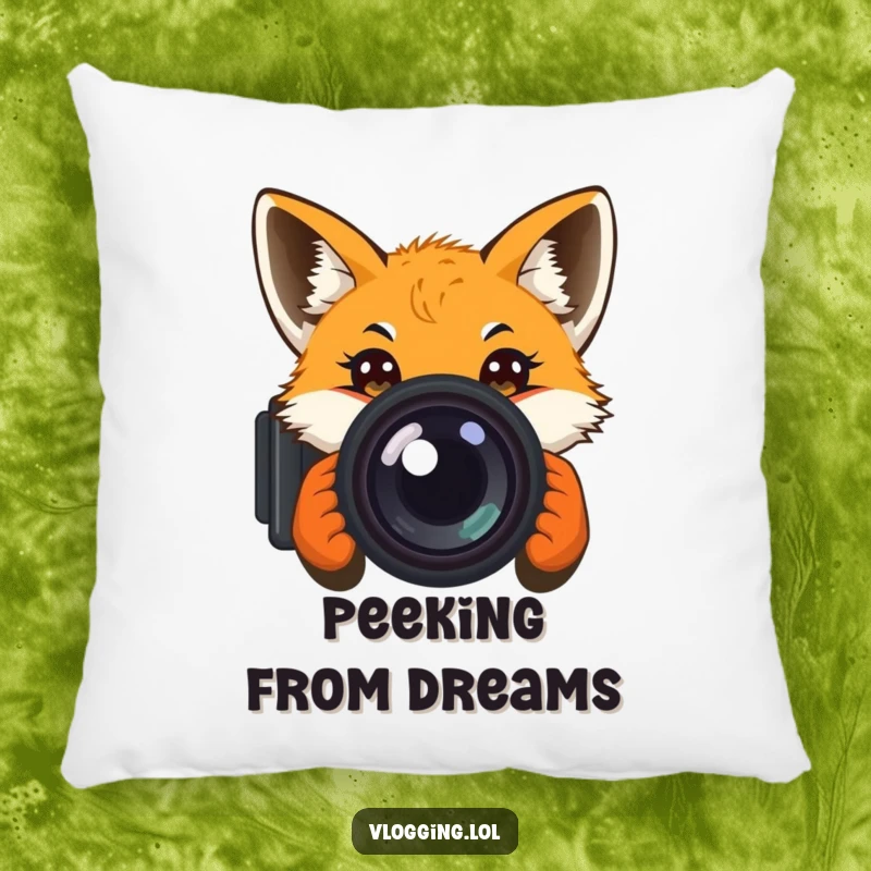 Funny pillow with a curious fox peeking into a camera lens, offering comfort and a humorous, wide-eyed expression.