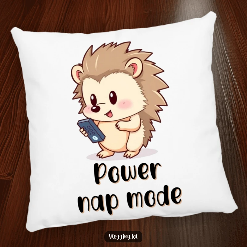 Funny hedgehog pillow, humorously pressing a button on a remote control, offering comfort and a charmingly amusing tech-themed accent.