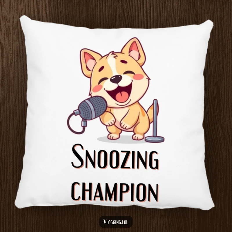 Funny pillow with a playful dog energetically barking into a microphone, ready to sing its heart out.