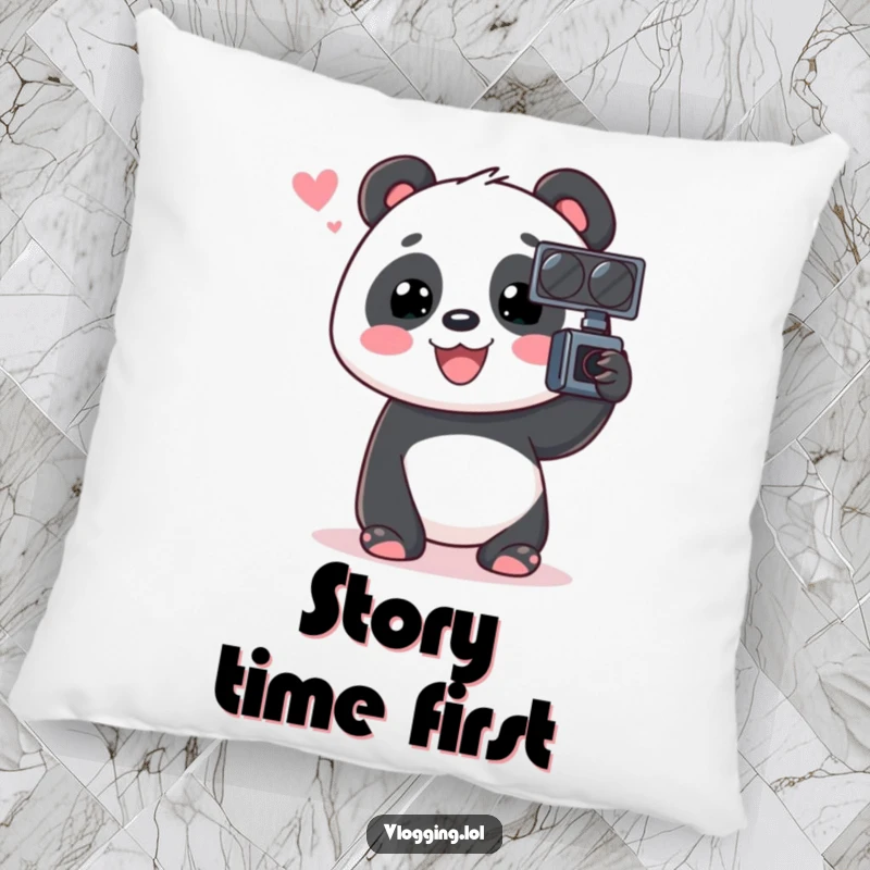 Funny Panda Pillow with a happy panda animatedly talking into a video recorder, adding humor and comfort to any space.