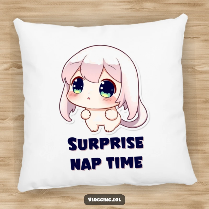 Funny pillow showing a curious character with eyes wide open, looking surprised at their digital screen.