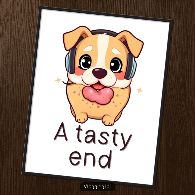 Funny bagel dog digital art: A surprised bagel wearing headphones is about to be playfully devoured by a happy dog. Perfect funny gift.