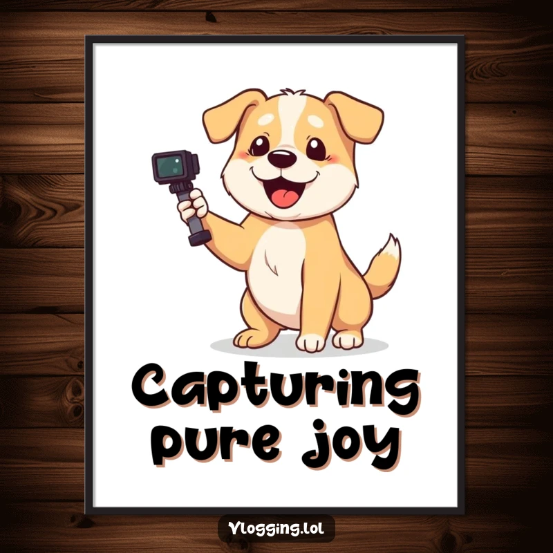 Funny dog digital art print of a playful dog wagging its tail enthusiastically while filming, instant decor.