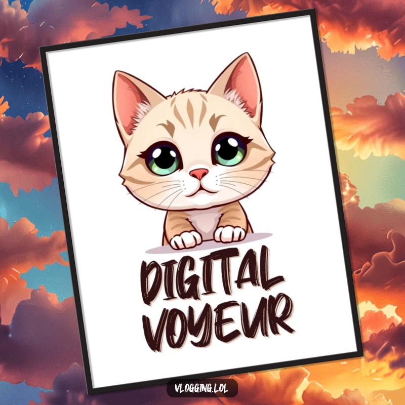 Funny Cat Digital Art Print featuring a wide-eyed cat staring at a screen, offering a humorous and modern decorative piece.