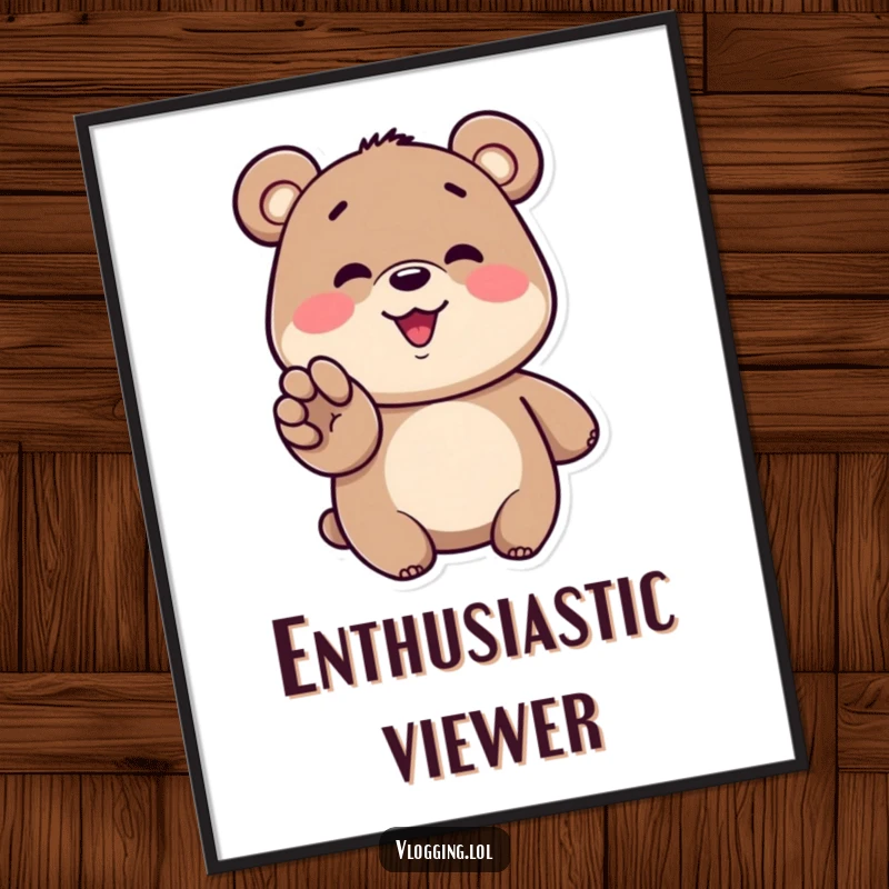 Funny bear digital art print showing a smiling bear gesturing enthusiastically towards a screen, perfect wall decor.