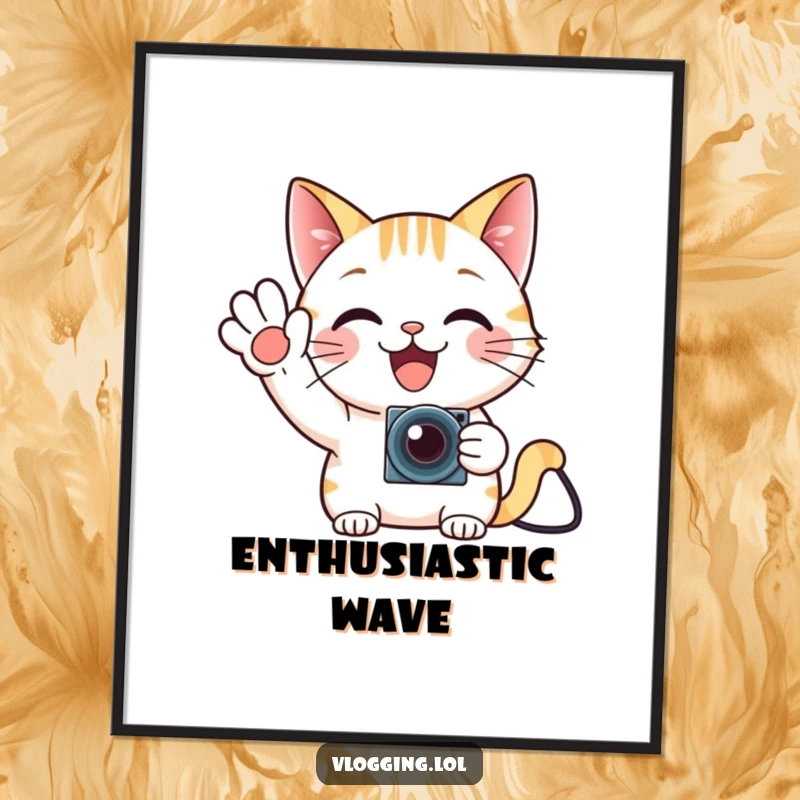 Funny cat gamer digital art print showing a delighted cat waving enthusiastically at a tiny camera.
