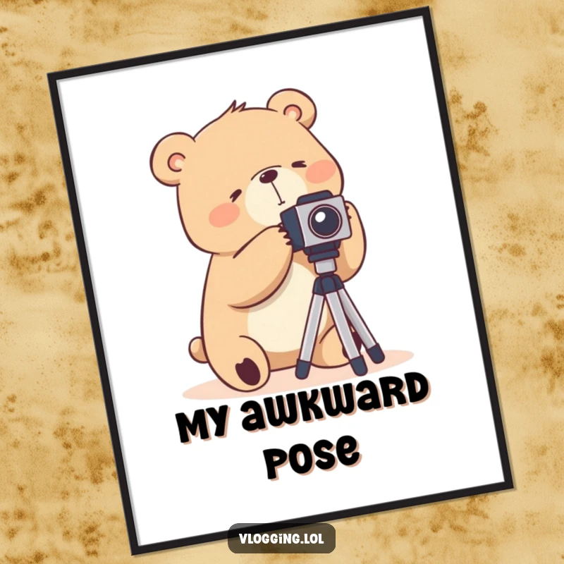 Funny digital art print of a silly bear fumbling awkwardly with a camera tripod, instant downloadable art.