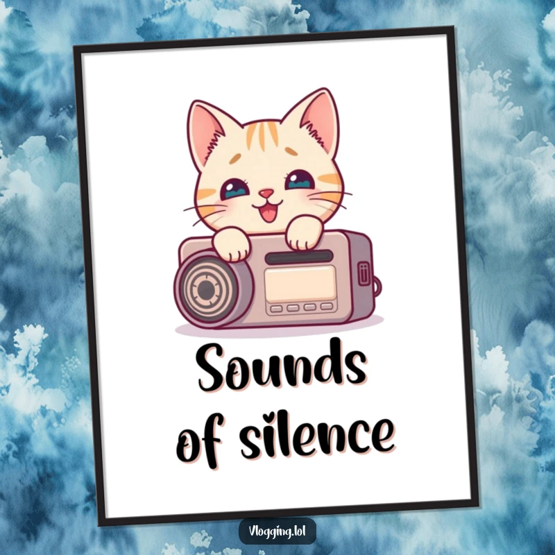 Funny cat digital art print showing a curious feline peeking around a recording device with delight, perfect wall decor.