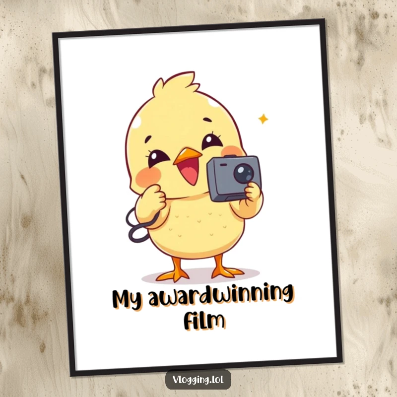 Funny digital art print of a delighted chick using a tiny camcorder to record videos.