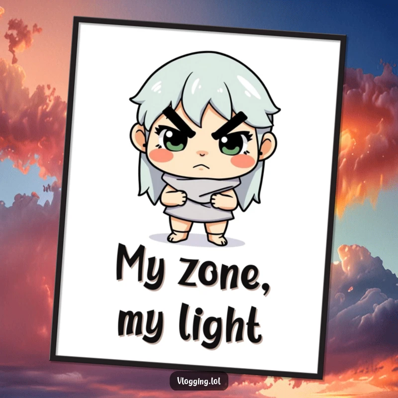 Funny digital art print of a determined creator intensely adjusting lighting, embodying the serious pursuit of perfect artistic visuals and creative flow.