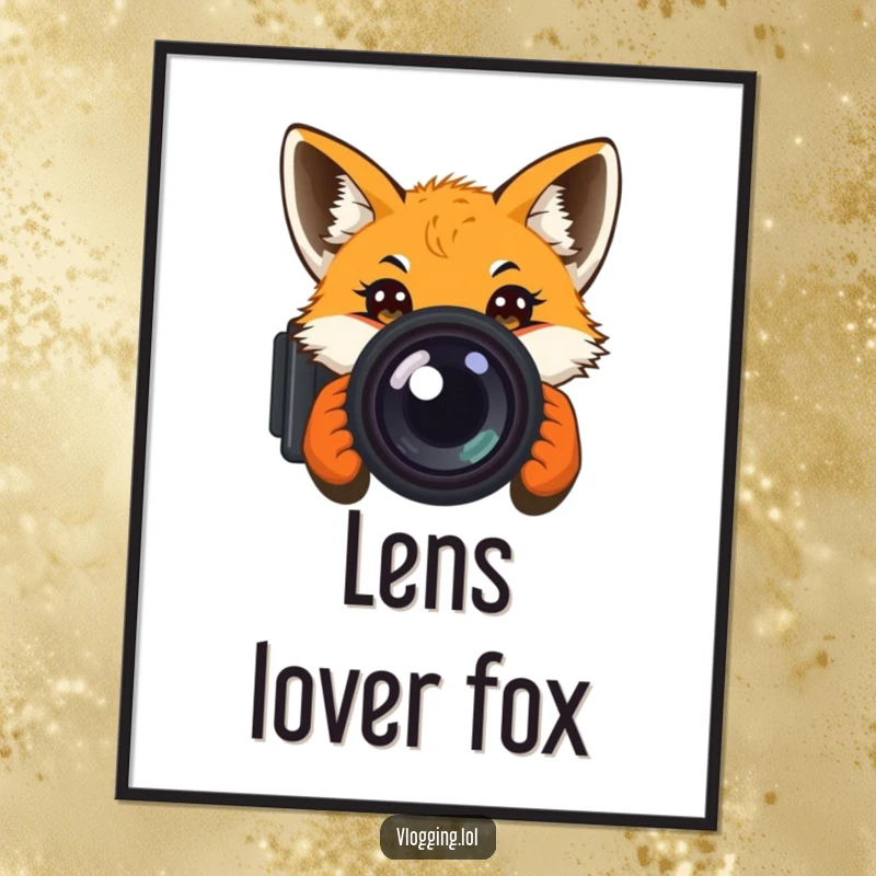 Funny digital art print of a curious fox with wide eyes peering into a camera lens, ideal for adding humorous, intriguing decor.