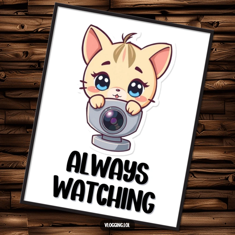 Funny digital art print of a character peeking curiously around a webcam, ready for instant download and display.