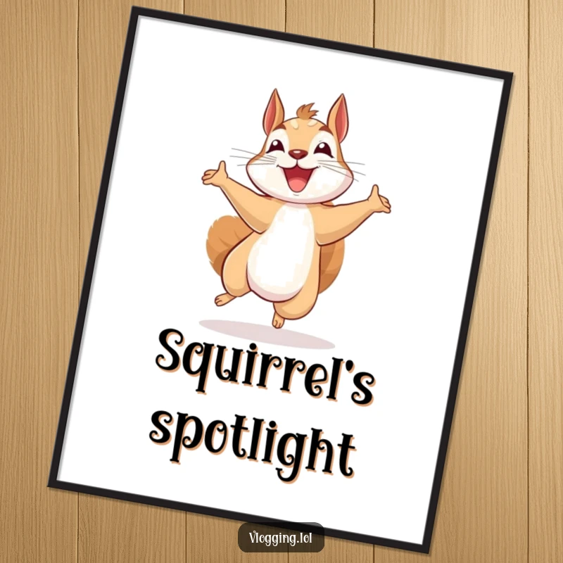 Funny beaming squirrel digital art, jumping with excitement while recording, a humorous printable for creators and lovers of pure, unadulterated joy.