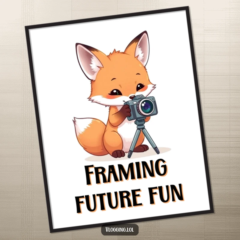 Funny digital art print of a curious fox intently playing with a miniature camera on a stand, perfect for humorous wall decor.