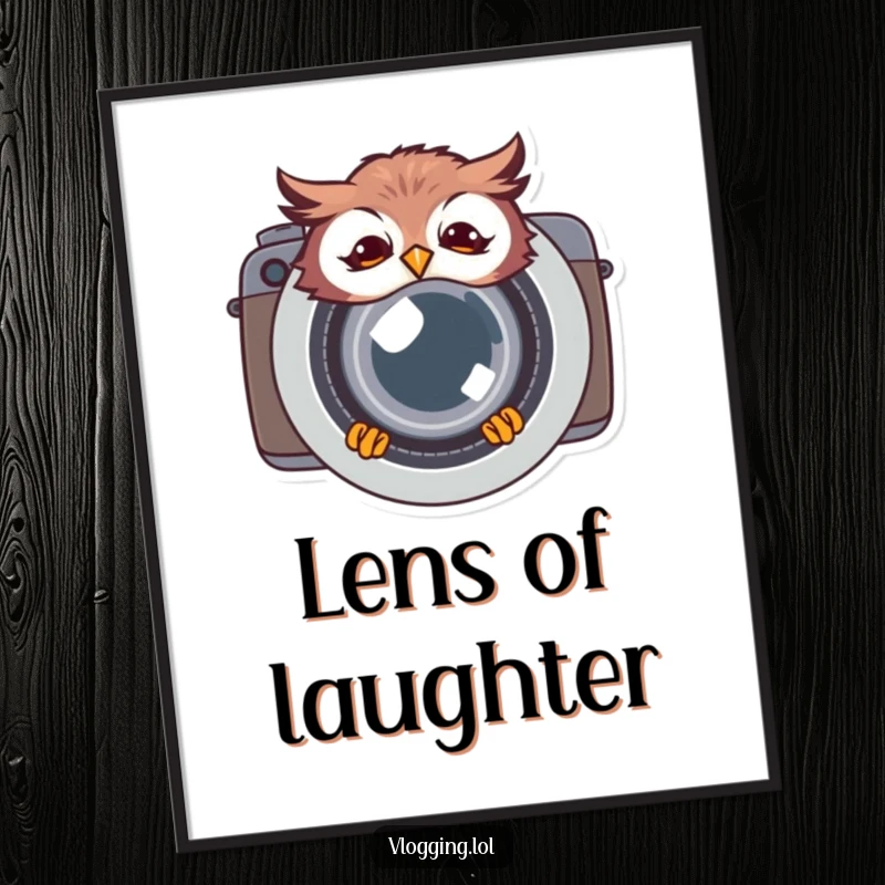 Funny giggling owl digital art, peeking from behind a camera lens, a joyful and humorous printable for photography enthusiasts and art lovers.