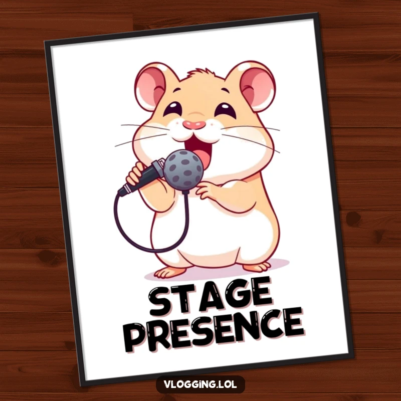 Funny digital art print of an excited hamster holding a microphone, looking eager to perform, ideal for humorous wall decor and music fans.