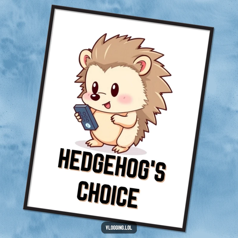 Funny hedgehog digital art, intently pressing a button on a small remote, a humorous printable for tech lovers and fans of cute animals.