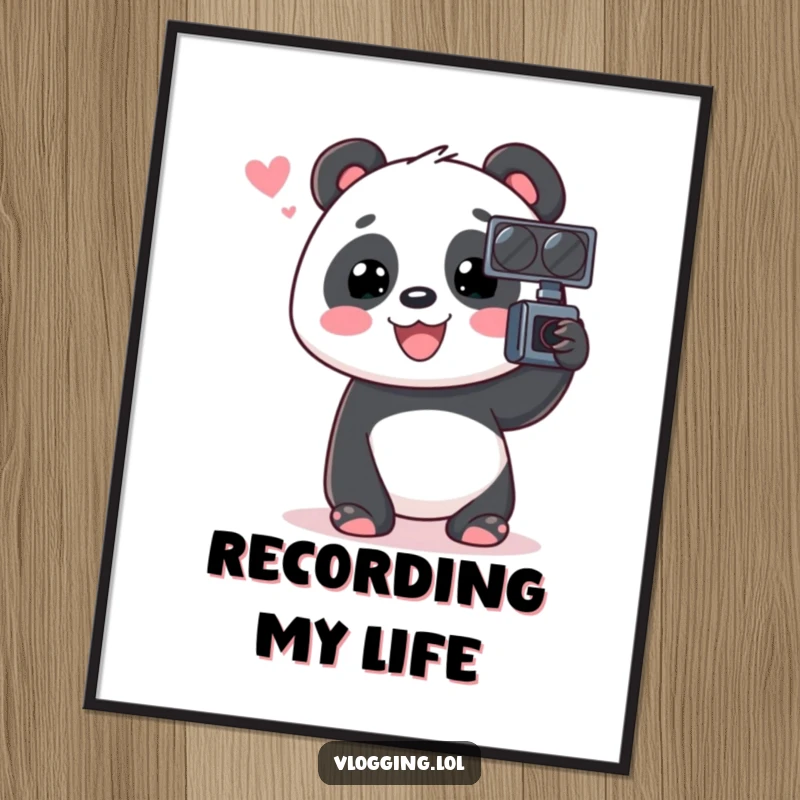 Funny Panda Digital Art Print featuring a cheerful panda animatedly speaking into a video recorder, a humorous decorative piece.