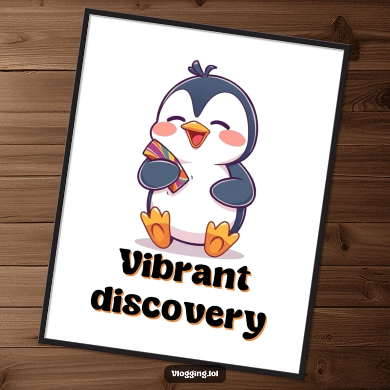 Funny digital art print of a giggling penguin excitedly showing off a colorful item, ideal for humorous wall decor and adding cheerful vibes.