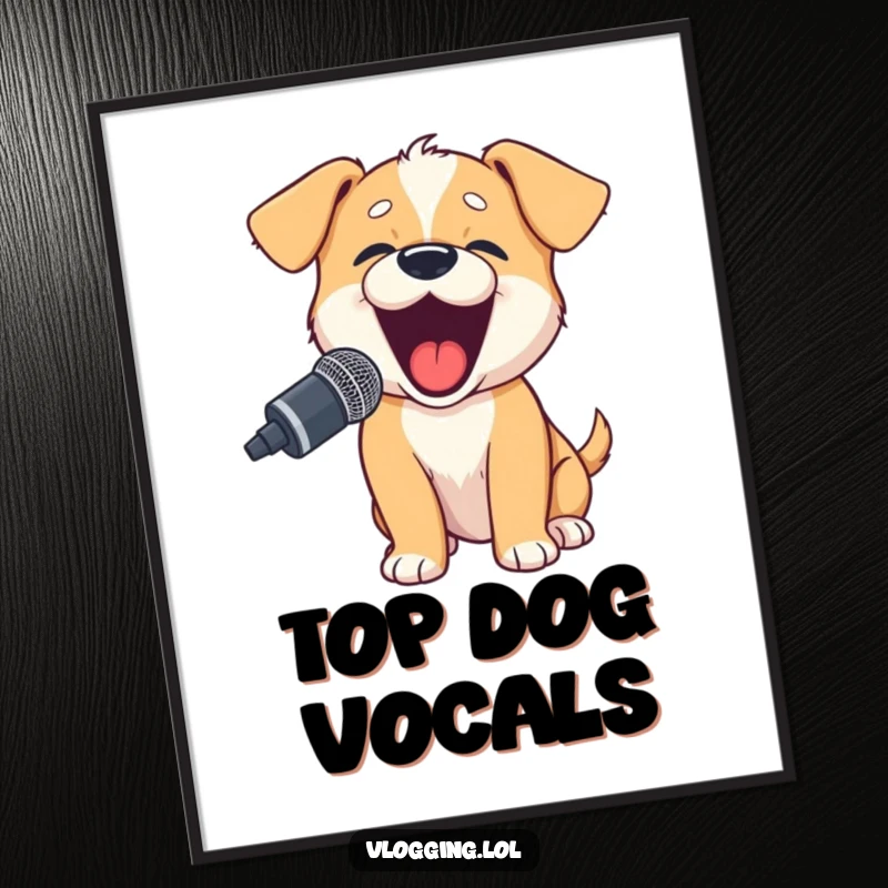 Funny puppy digital art print showing a happy puppy barking excitedly into a microphone, perfect wall decor.