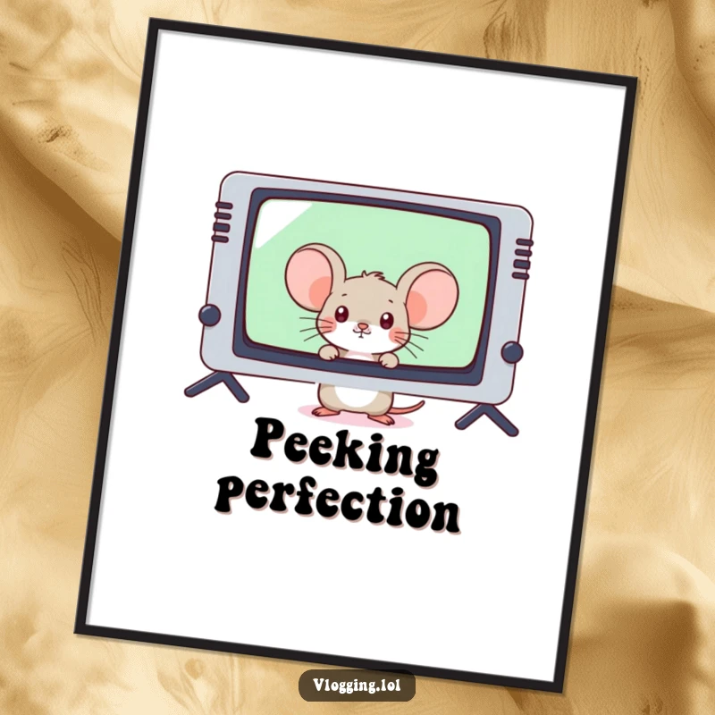 Funny shy mouse peeking from behind a giant video game screen, digital art print, humorous gamer theme.