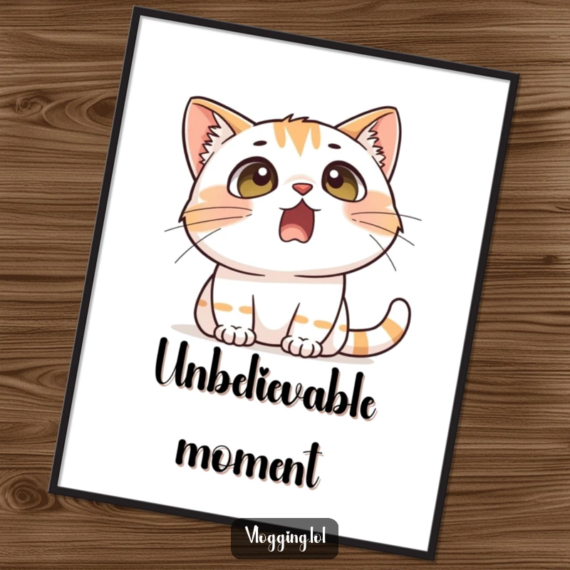 Funny digital art print of a cat with exaggeratedly wide eyes and an open mouth, ideal for humorous wall decor and dramatic flair.