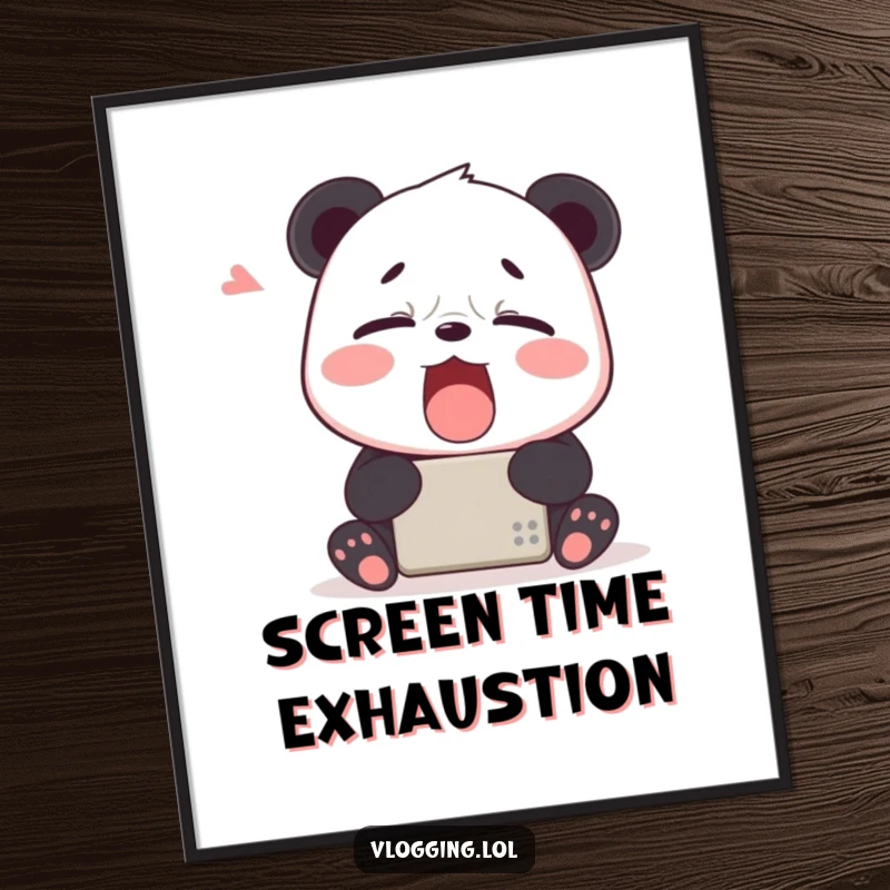 Funny digital art print of a tired panda yawning widely in front of a digital device, ideal for humorous, sleepy decor.