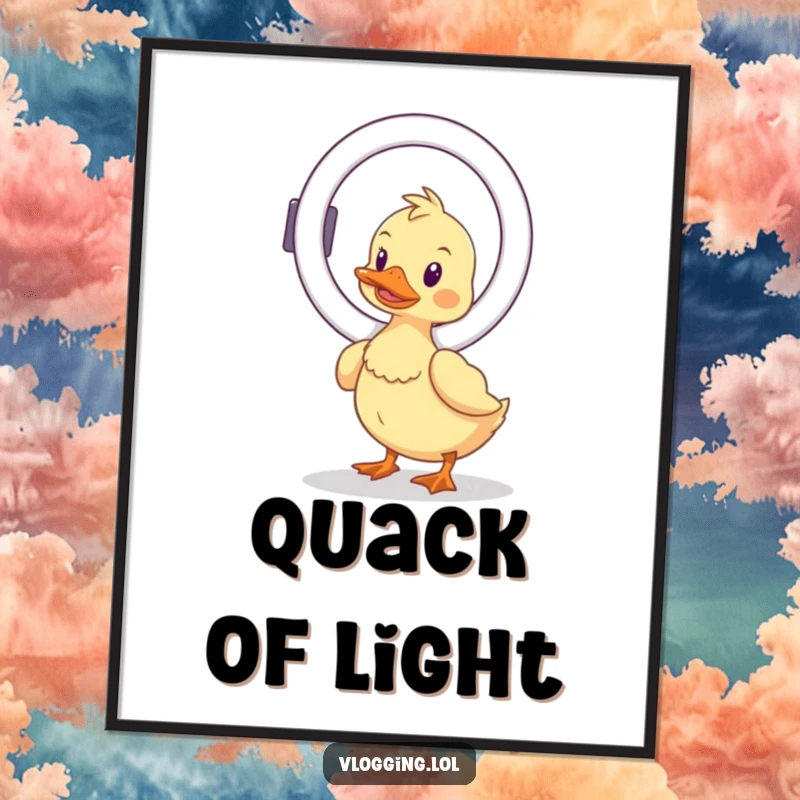 Funny wobbly duck digital art, teetering with a ring light, a humorous printable for influencers and creators who strive for perfect illumination.