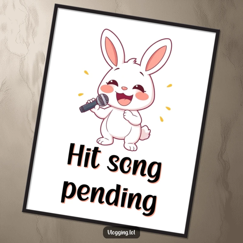 Funny bunny digital art print showing a cheerful rabbit holding a microphone with a wide smile, perfect wall decor.