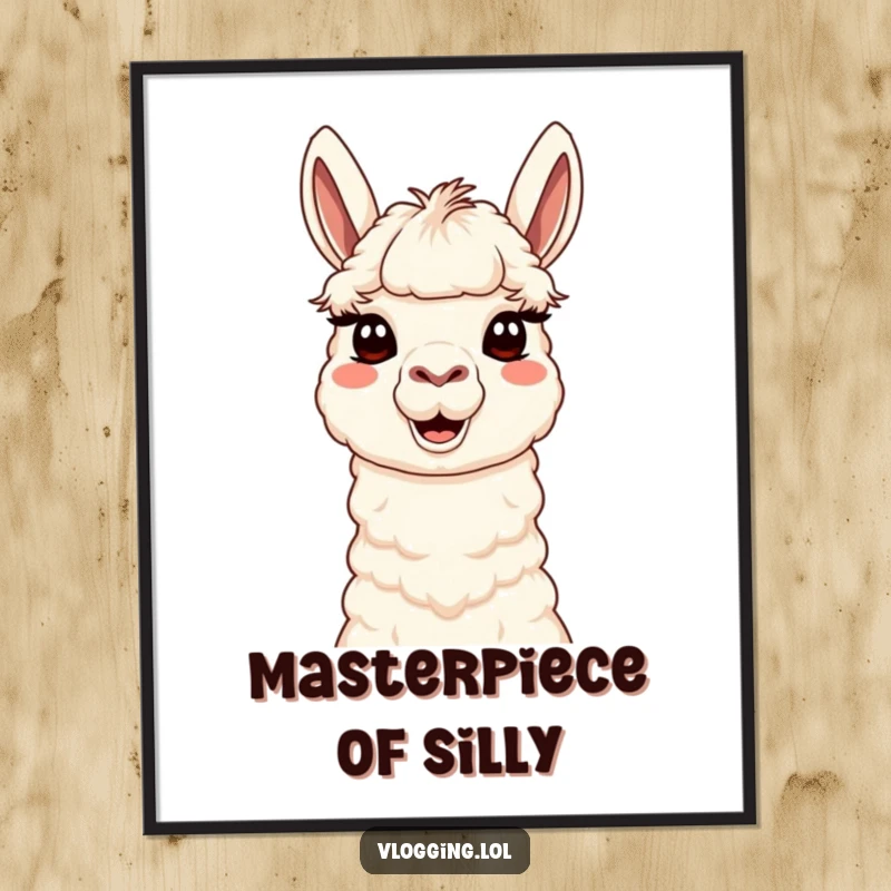 Funny Content Llama Digital Art Print of a cute llama making a silly, expressive face for the camera, ready to download and frame.