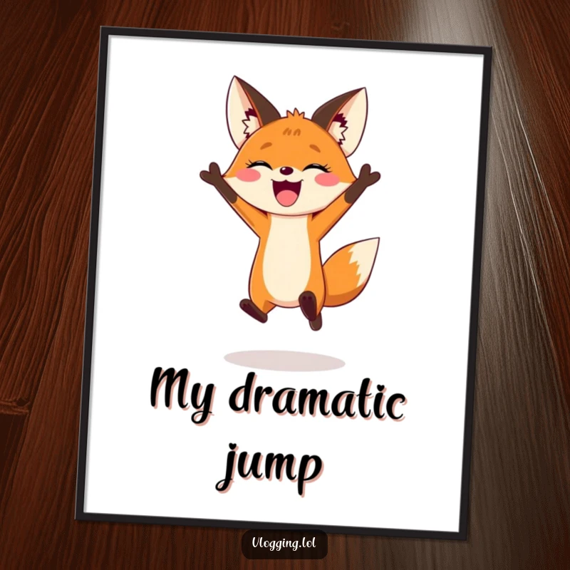 Funny digital art print of a joyful fox leaping dramatically for a vlogging intro, instant downloadable art.