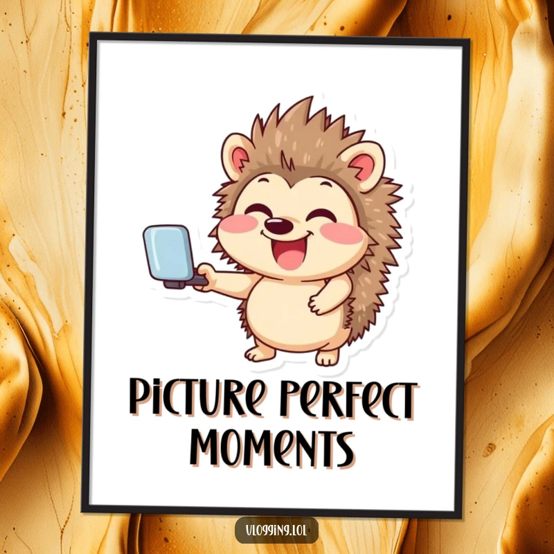 Funny digital art print of a giggling hedgehog smiling widely while holding a selfie stick, offering instant humorous social media decor.