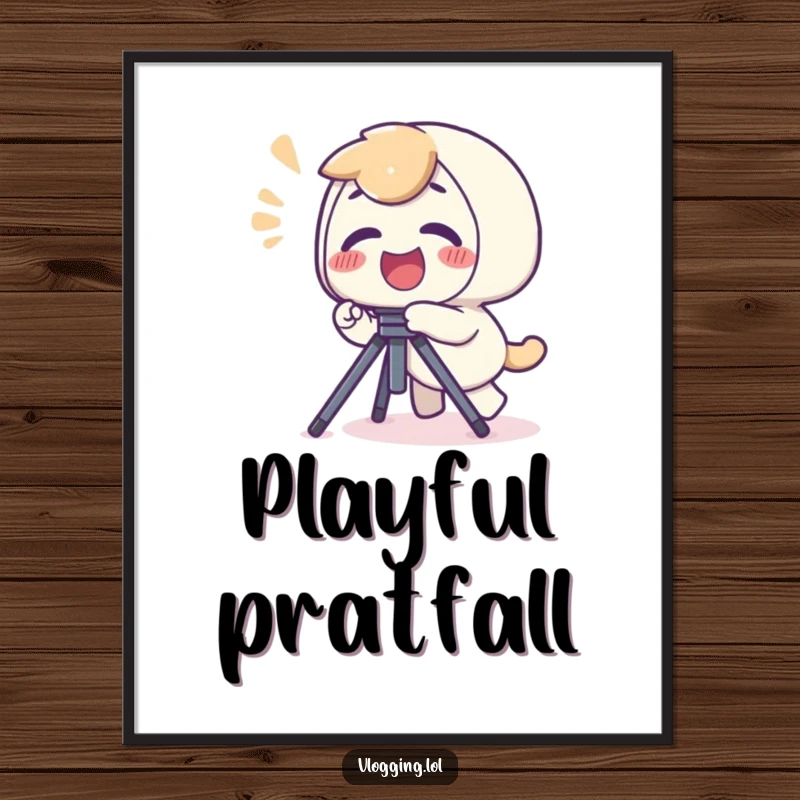 Funny digital art print of a giggling character mid-trip over a camera tripod, with a look of playful surprise.