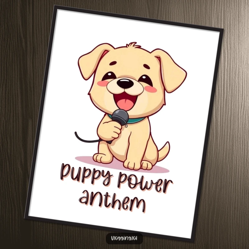 Funny Puppy Singer Digital Art Print of a delighted puppy holding a microphone and singing loudly with pure joy and enthusiasm.