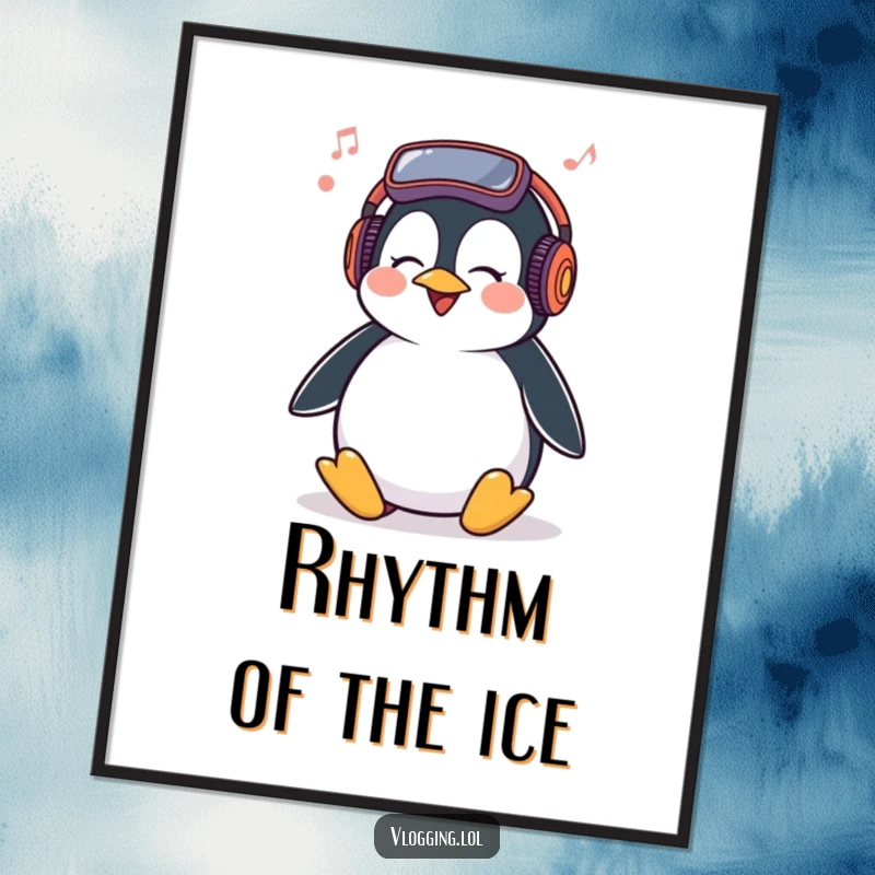 Funny Penguin Digital Art Print featuring a giggling penguin bopping its head to vlogging music, a humorous decorative piece.