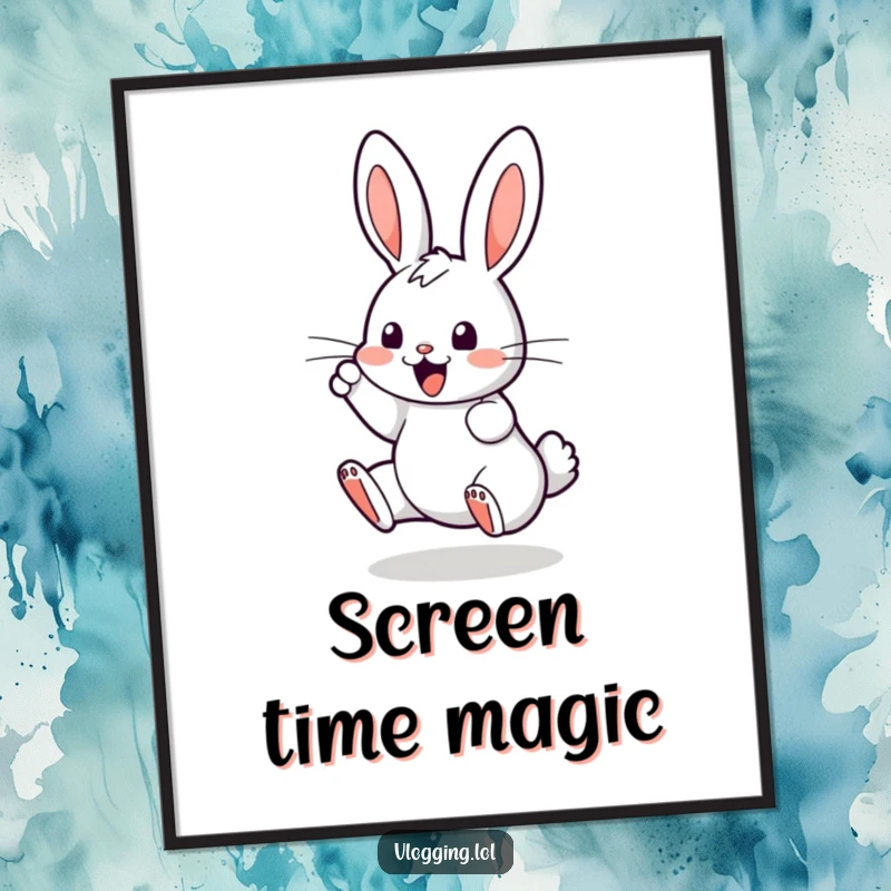 Funny digital art print of a bouncing bunny enthusiastically tapping on a digital screen, ideal for humorous, tech-themed decor.