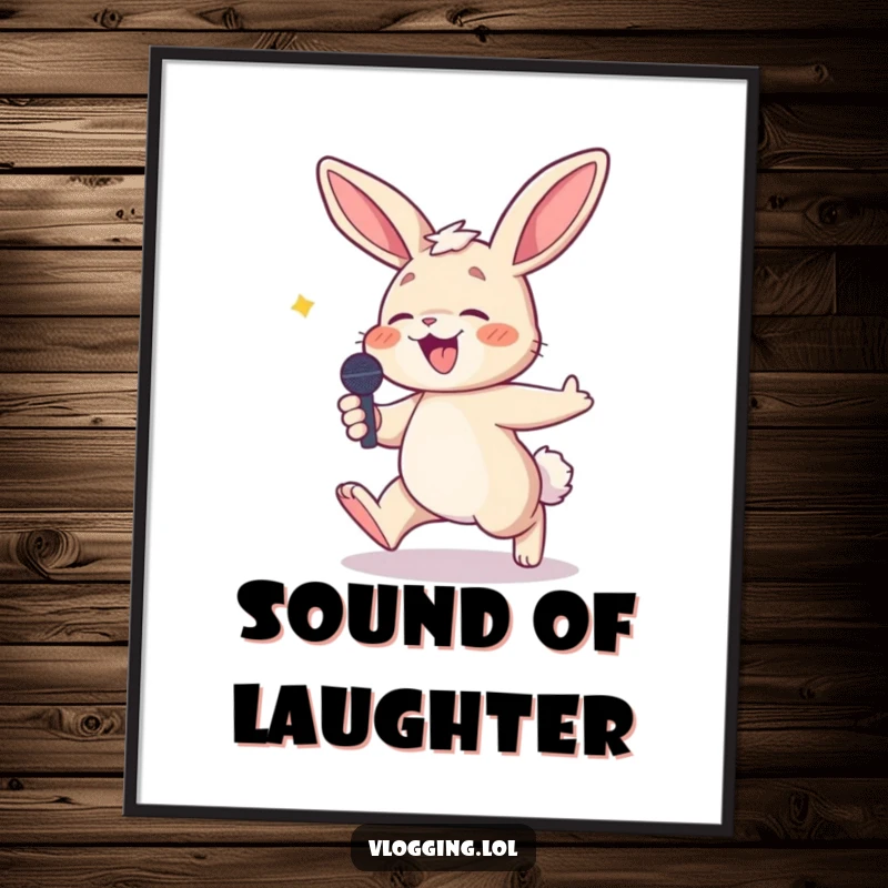 Funny digital art print of a laughing bunny tripping slightly while holding a microphone, perfect for instant humorous wall decor.