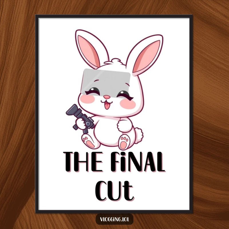 Funny digital art print of a cheerful rabbit looking extremely focused, diligently editing a video on a screen.