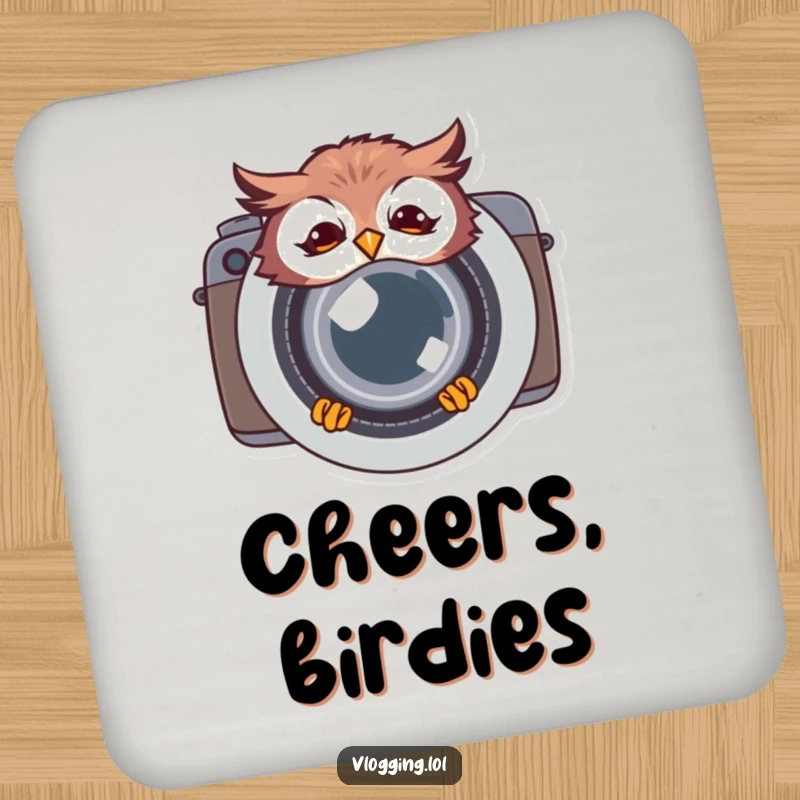 Funny giggling owl drink coaster, peeking humorously from behind a camera lens, a charming accent for tables and a nod to photography.