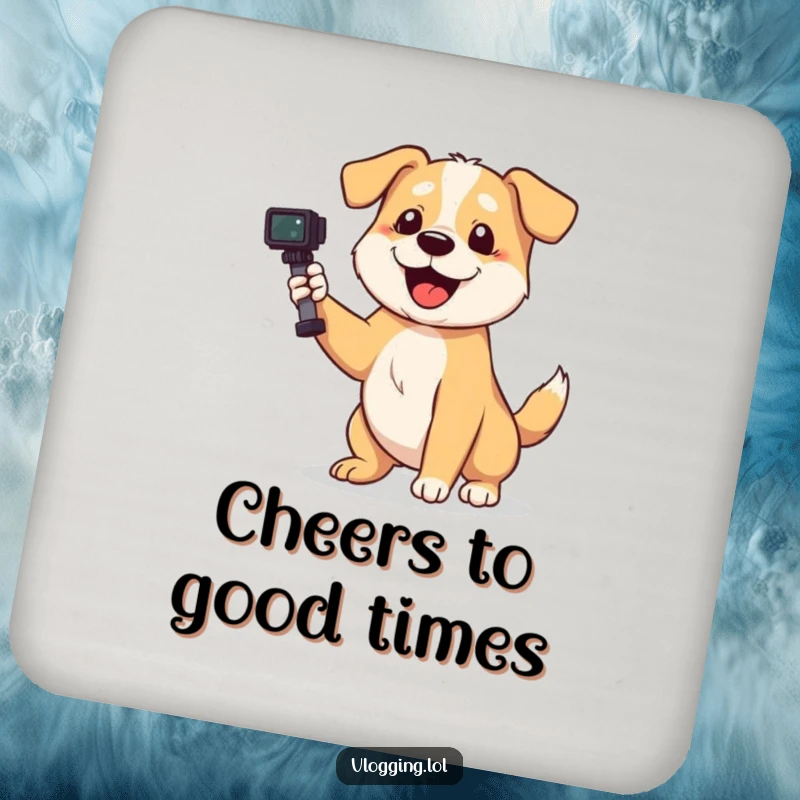 Funny dog drink coaster showing a playful dog wagging its tail enthusiastically while filming, protecting surfaces.