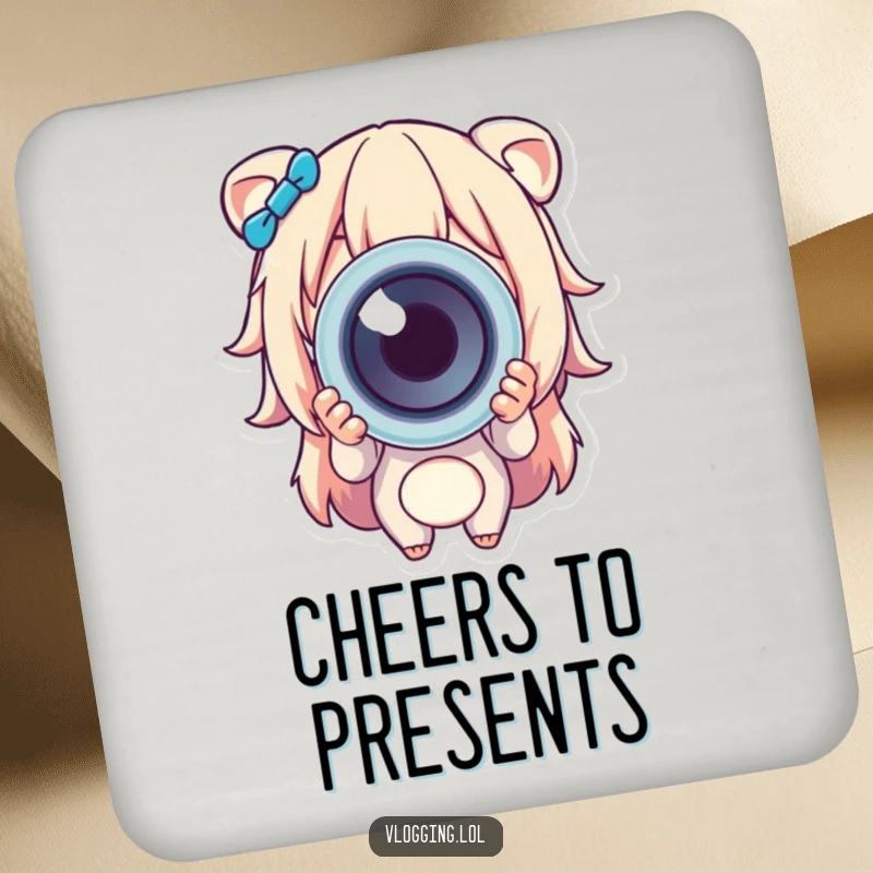 Funny drink coaster shows a smiling character holding out a vividly colored object towards the viewer, adding cheer.