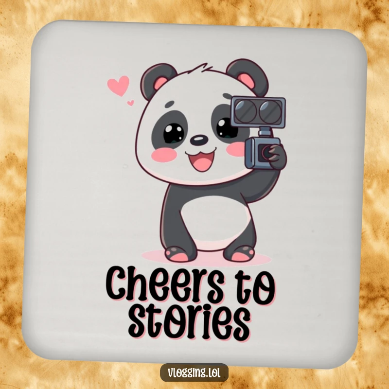 Funny Panda Coaster showing an animated panda chatting into a video recorder, a humorous and practical drink accessory.