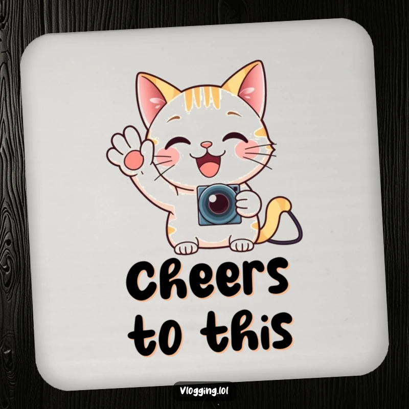 Funny cat gamer drink coasters, waving enthusiastically at a tiny camera, for surface protection.
