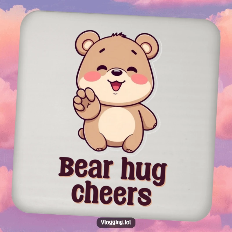 Funny bear coaster depicting a happy bear gesturing enthusiastically towards a screen, perfect for enthusiastic gatherings.