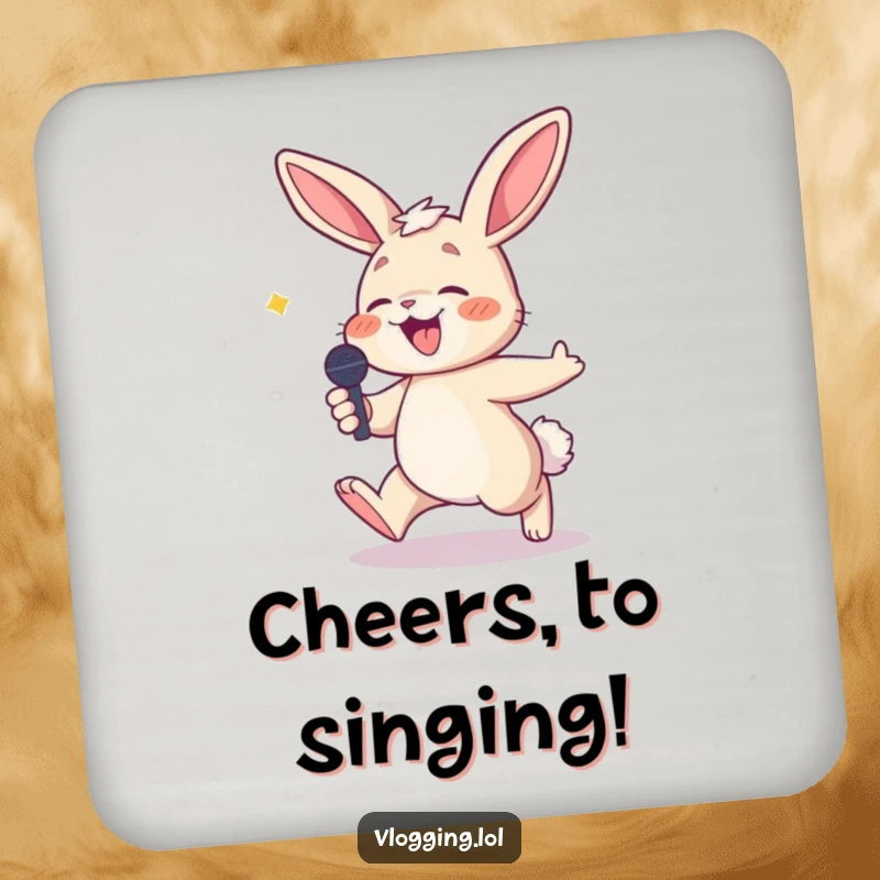 Funny drink coaster with a laughing bunny stumbling slightly while holding a microphone, guarding surfaces with humor.