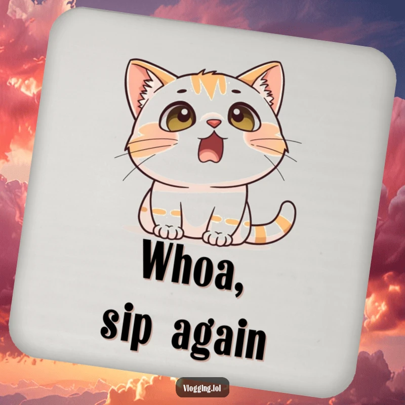 Funny drink coaster with a cat displaying a comically surprised expression, adding humorous drama and surface protection for beverages.
