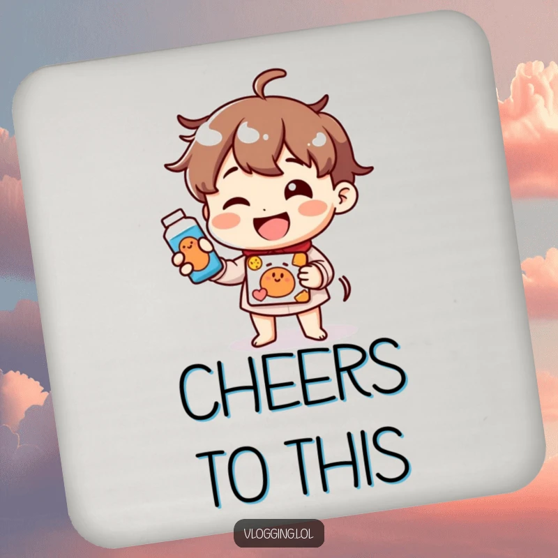 Funny drink coaster with a cheerful character smiling widely while showcasing a product, perfect for any table.