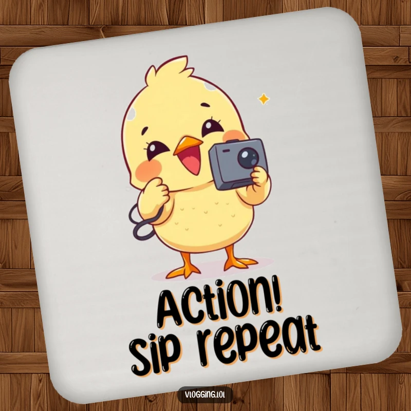 Funny drink coaster with a delighted chick recording a video, adding humor to tabletops.