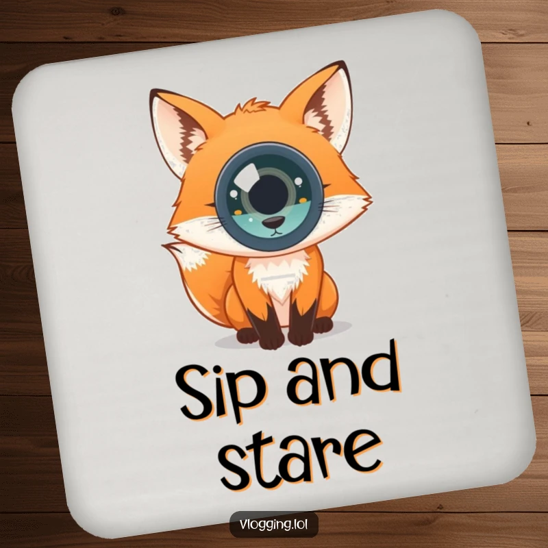 Funny drink coaster with a curious fox looking directly into the camera. Protects surfaces.